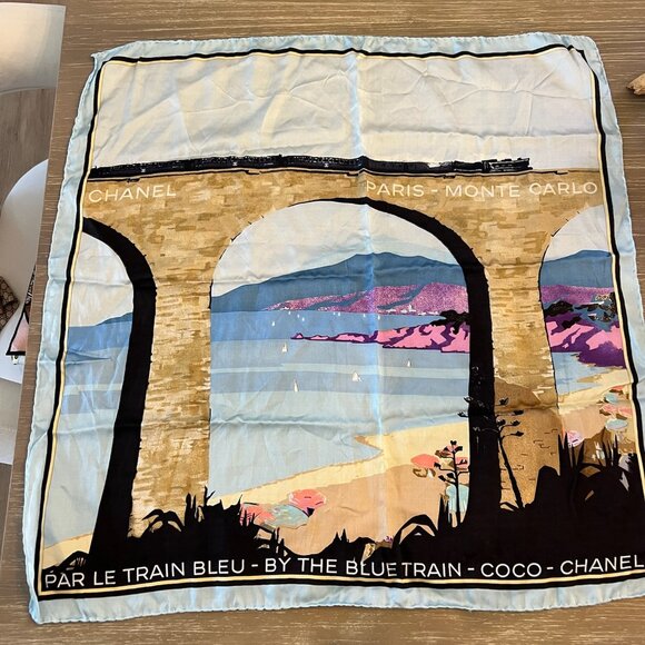 RARE Coco CHANEL "By The Blue Train" Monte Carlo Paris SILK SCARF 26"x26" ITALY - Picture 1 of 6